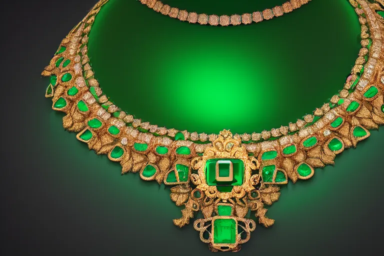 Image similar to highly detailed oil painting, front view, ornate, delicate, brilliant magical emerald choker, necklace on display, octane render, realistic, dramatic light,