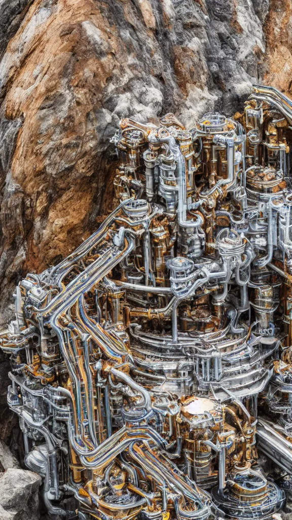 Prompt: ultra realistic macro photography of the giant psychedelic magical machine embedded within the mountain, sedimentary rock and marble, industrial machinery, pistons, pipes and valves, super conducters, reactor circuits. 8k Isometric geology photography