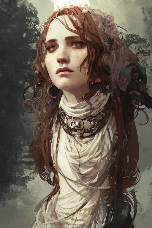 Image similar to A full portrait of a beautiful post apocalyptic celtic blind soothsayer, intricate, elegant, highly detailed, digital painting, artstation, concept art, smooth, sharp focus, illustration, art by Krenz Cushart and Artem Demura and alphonse mucha