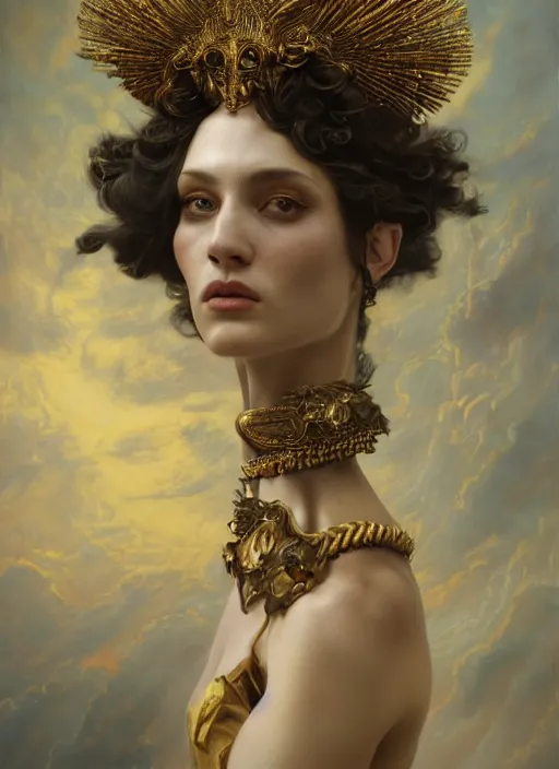 Image similar to highly detailed oil painting | very intricate | cinematic lighting | award - winning | portrait of the goddess of war dressed by alexander mcqueen | by roberto ferri, by tom bagshaw, by j. c. leyendecker and klimt, american romanticism, by austin osman spare, artstation, cgsociety, official art, octane