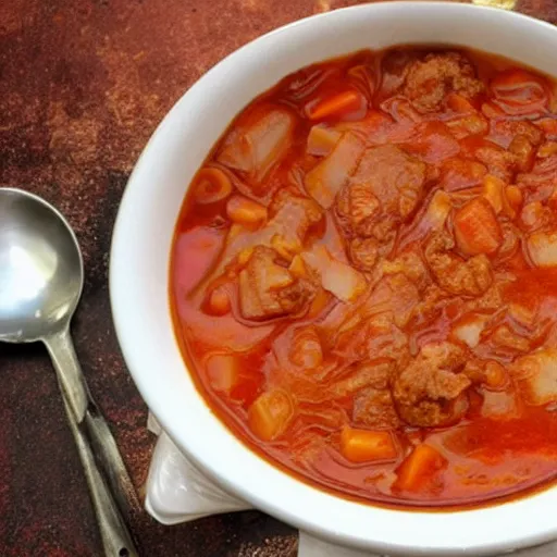 Image similar to emma watson inside a goulash soup bowl