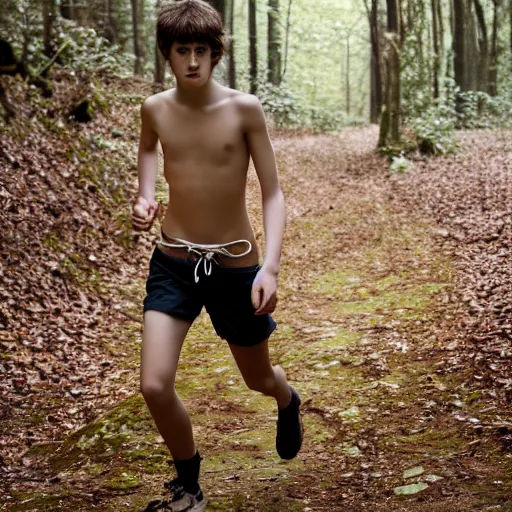 Image similar to a teenage boy, around 1 9 years old with necklace, natural brown hair, loincloth, pale skin, detailed face. running in ominous and eerie looking forest. natural color. realistic photo.