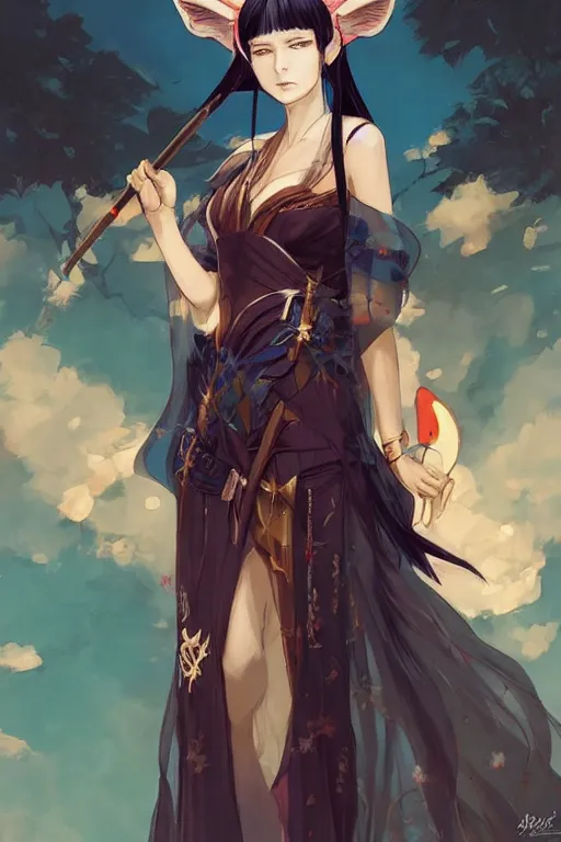 Image similar to An anime portrait of Nico Robin as a beautiful woman with fox ears wearing a kimono from Skyrim, by Stanley Artgerm Lau, WLOP, Rossdraws, James Jean, Andrei Riabovitchev, Marc Simonetti, and Sakimichan, large brush, low detail, trending on artstation