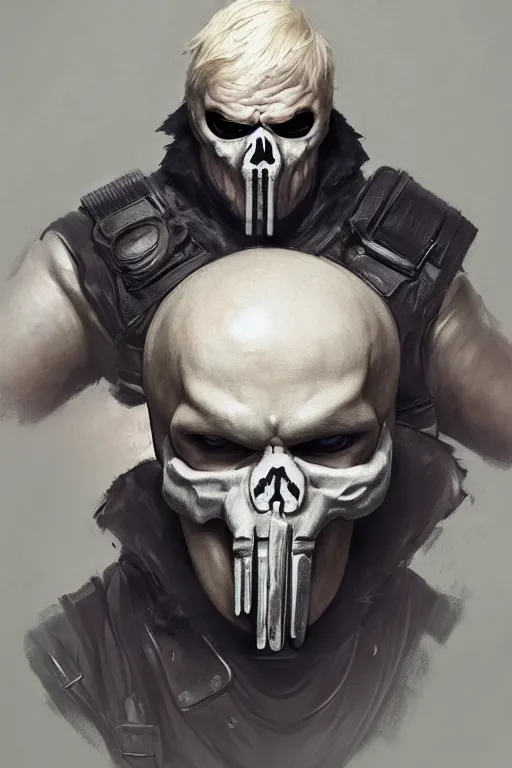 Image similar to Boris Johnson as Punisher, portrait, elegant, intimidating pose, very detailed face, studio lighting, photorealism, wearing armor plate with a skull,Livia Prima,Mucha,fantasy art,beautiful,artstation,trending on artstation,intricate details,alluring,masterpiece