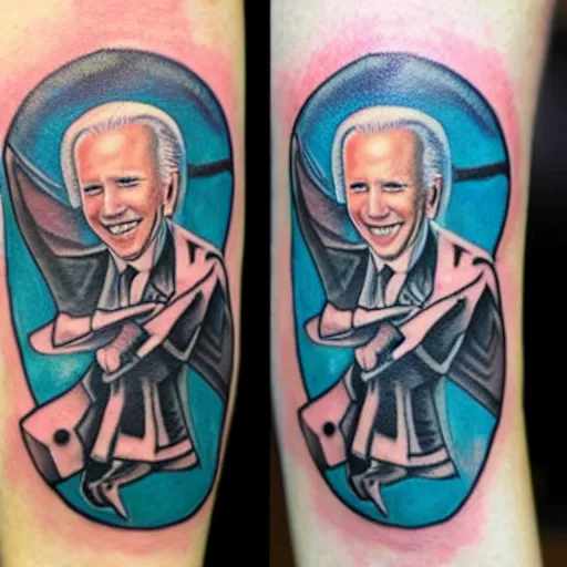 Prompt: tattoo of joe biden marrying hatsune miku