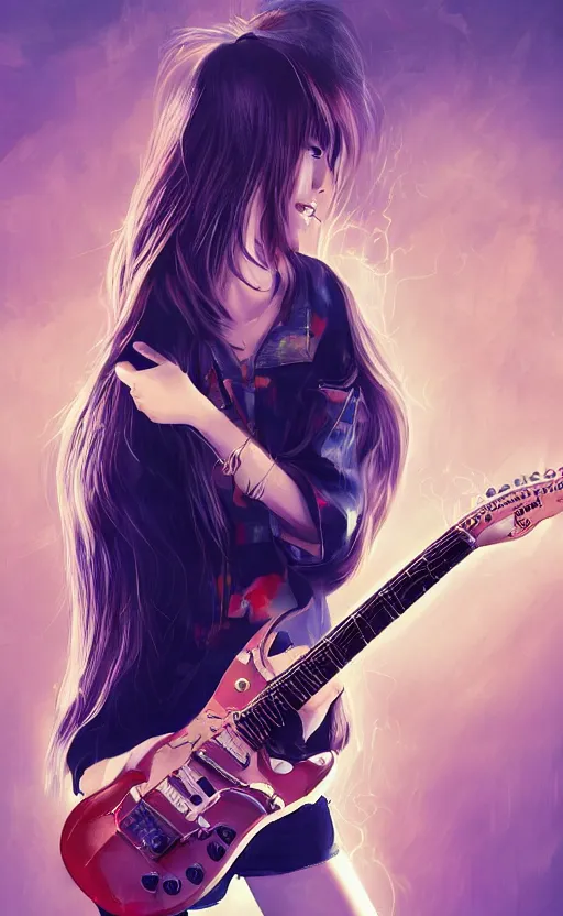 Prompt: rockstar asian girl playing electric guitar on stage. by amano yoshitaka, digital art, digital painting, artstation trending, unreal engine, by rembrandt