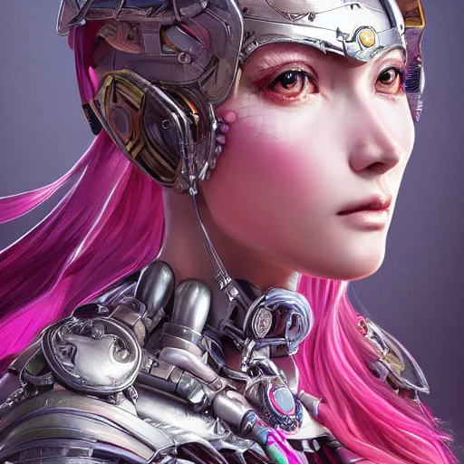 Image similar to studio portrait of lawful good colorful female holy mecha paladin absurdly beautiful, elegant, young sensual graceful woman, ultrafine hyperrealistic detailed face illustration by kim jung gi, irakli nadar, intricate linework, sharp focus, bright colors, matte, octopath traveler, final fantasy, unreal engine highly rendered, global illumination, radiant light, intricate environment