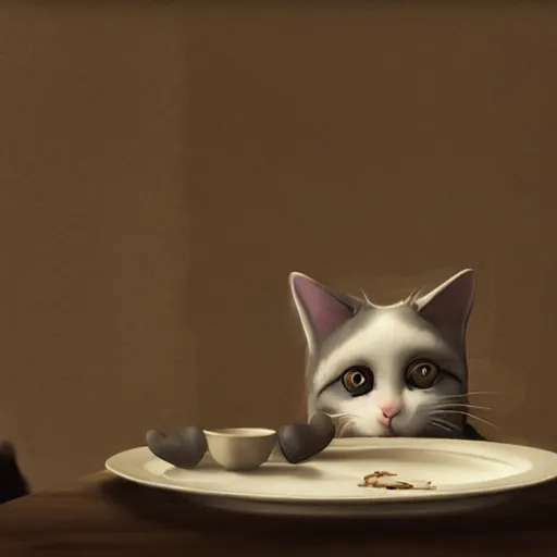 Prompt: cute cat drinks milk from a porcelain plate, in game pathologic 2, digital art, unreal engine, cinematic composition, sharp, details, hyper - detailed, hd