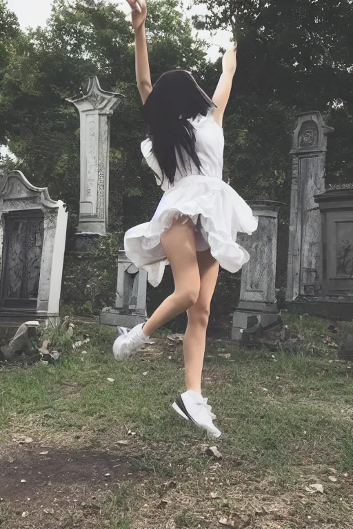 Image similar to egirl doing a shuffle dance in an abandoned graveyard, aesthetic!!! highly symmetric body parts, clean compostion, outdoor lighting