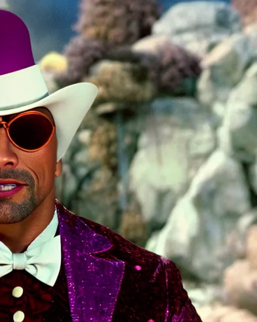 Image similar to Film still close-up shot of Dwayne Johnson as Willy Wonka from the movie Willy Wonka & The Chocolate Factory. Photographic, photography