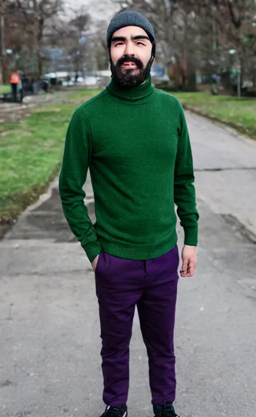 Image similar to a young man with a chin - style dark brown beard without mustache in a dark black cap, green turtleneck, purple pants and white sneakers in full height, perfect face