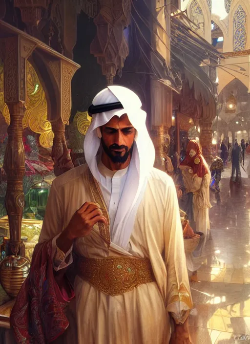 Prompt: an arabian man in the market, shiny, fantasy, intricate, elegant, hyper detailed, ultra definition, photoreal, artstation, unreal engine rendered, concept art, smooth, sharp focus, illustration, art by artgerm and greg rutkowski and alphonse mucha and garis edelweiss