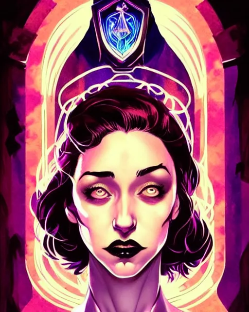 Prompt: beautiful stella maeve magician, black magic spells, in the style of joshua middleton, rafeal albuquerque comicbook cover art, creepy pose, spooky, symmetrical face and body, vibrant cinematic lighting, detailed realistic symmetrical eyes, insanely detailed and intricate elegant, aquapunk, titian, bioshock, underwater home