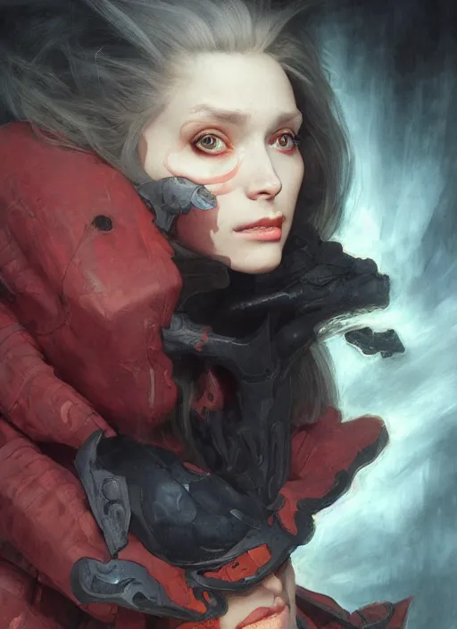 Image similar to portrait demon half human, elegant, wearing a bomber jacket, armor, hyper realistic, whitehorns, extremely detailed, dnd character art portrait, fantasy art,, dramatic lighting, vivid colors, deviant art, artstation, by edgar maxence and caravaggio and michael whelan and delacroix, lois van baarle and bouguereau