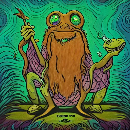 Prompt: A prog rock album cover of a long bearded wizard frog casting a spell