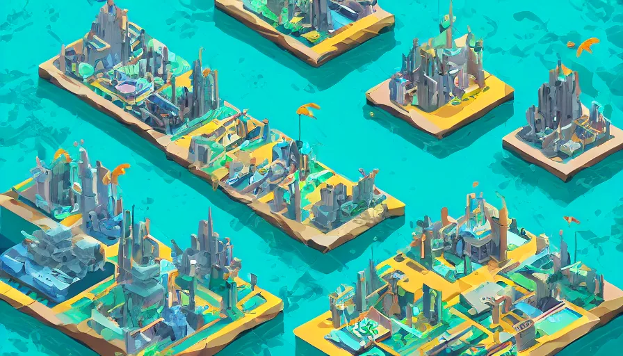 Image similar to busy isometric underwater city, digital art, neat, matte colours, isometric coral