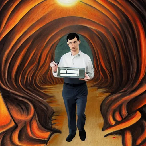 Image similar to nathan fielder walking around hell with a clipboard painted by sandro botticelli