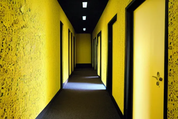 Image similar to an endless space of hallways with old yellow wallpaper from the 1970s lit by fluorescent lights
