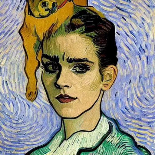 Image similar to emma watson with a dog on her head in the style of vincent van gogh