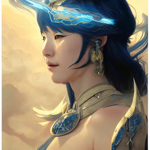 Prompt: japanese lightning goddess, d & d, blue and white color palette, highly detailed, digital painting, artstation, concept art, sharp focus, illustration, cinematic lighting, art by artgerm and greg rutkowski and alphonse mucha