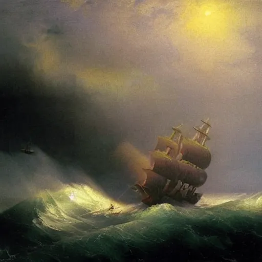 Prompt: Sinister pirate ships firing lasers at each other during an epic storm, painting by Ivan Aivazovsky