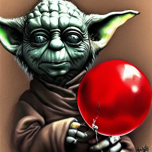 Image similar to surrealism grunge cartoon portrait sketch of yoda with a wide smile and a red balloon by - michael karcz, loony toons style, freddy krueger style, horror theme, detailed, elegant, intricate