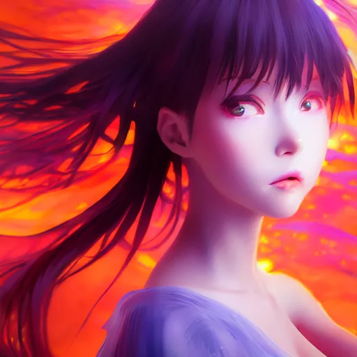 Image similar to photorealistic dramatic liquids anime girl render, detailed face, colorful, atmosphere cinematic, by wlop, by ilyu kuvshinov, soft shadows, be concept art, super detailed, vfx, houdini, 8 k, super realistic, ufotable studio art style, global illumination, trending in pixiv, dramatic color, ray tracing, god rays