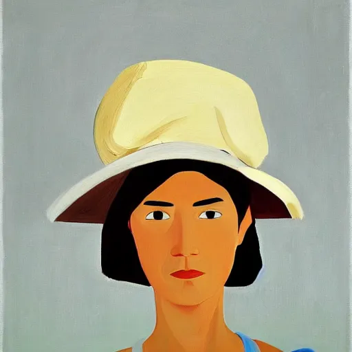 Image similar to woman with hat, by Alex Katz, colorful, friendly, oil on canvas