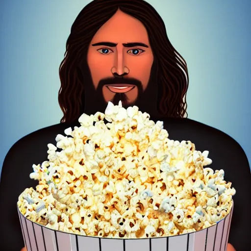 Image similar to jesus holding a big bucket of popcorn