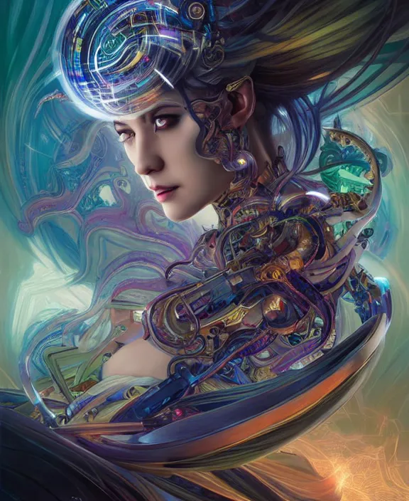 Image similar to whirlwind of souls rushing inside the metaverse, half body, tiara, tattoo, pharaoh, android, cyborg, cyberpunk face, by loish, d & d, fantasy, intricate, elegant, highly detailed, colorful, vivid color, digital painting, artstation, concept art, art by artgerm and greg rutkowski and alphonse mucha and ruan jia