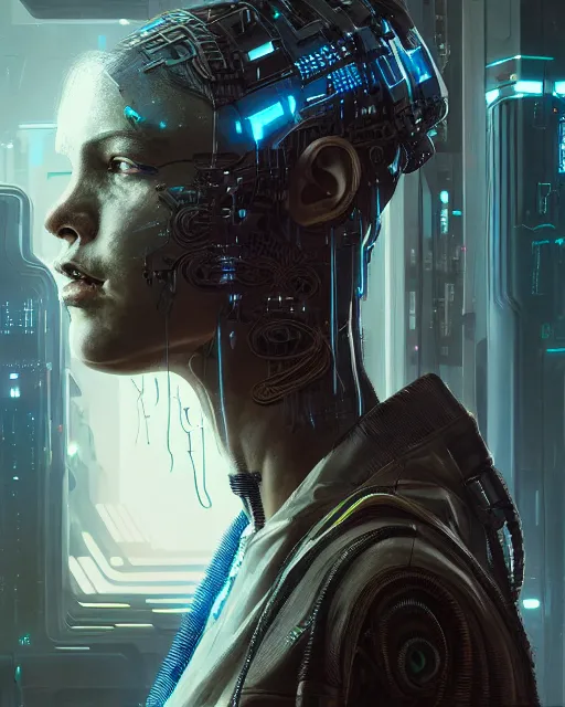 Image similar to portrait of a cyberpunk cyborg. sci - fi, intricate abstract upper body intricate, wlop, concept art, octane render, deviantart, greg rutkowski, cinematic, key art, hyperrealism,