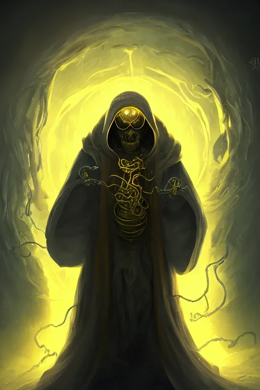 Prompt: A full body portrait of a mysterious character with no face with a very long hooded yellow cloak, a golden crown floating above his head, tentacles coming out the ground art by James Paick and Jason Chan, ominous, cosmic horror, trending on artstation, Ultra detailed, hyper realistic 4k