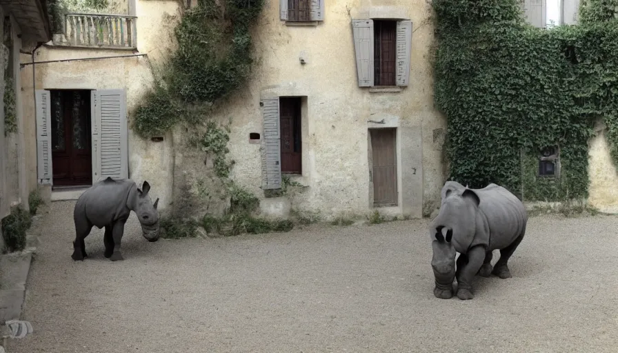 Prompt: a rhinoceros in a southern france townhouse, by mini dv camera, very low quality, heavy grain, blurry, caught on trail cam