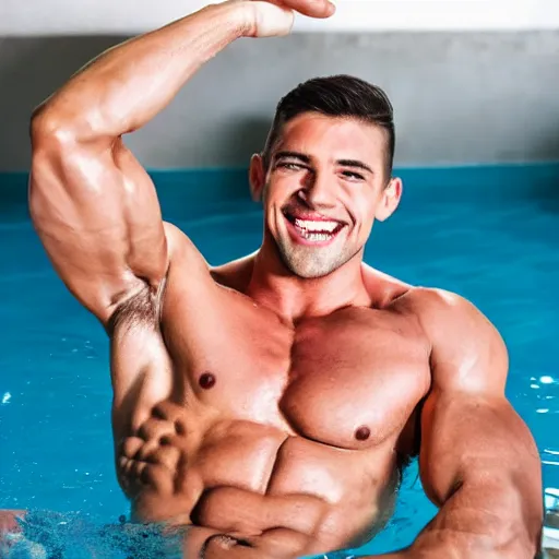 Image similar to attractive muscular man with a creepy smile bathing in a pool of milk