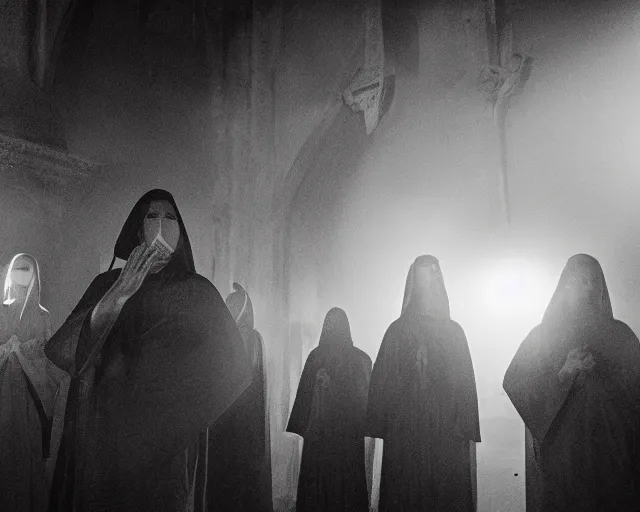 Image similar to a cultist ceremony, cultists with robes and masks, church interior, satanic church interior, the fog. horror lighting, found footage