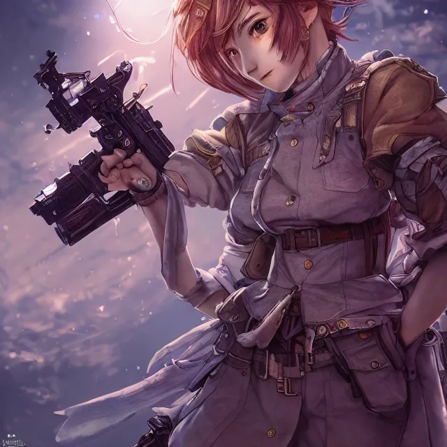 Image similar to the portrait of lawful neutral semi - colorful female infantry gunner as absurdly beautiful, gorgeous, elegant, young anime girl, an ultrafine hyperdetailed illustration by kim jung gi, irakli nadar, intricate linework, bright colors, octopath traveler, final fantasy, unreal engine 5 highly rendered, global illumination, radiant light, detailed and intricate environment