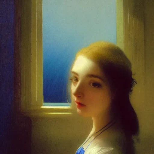 Image similar to young woman's face, her hair is white and she wears a cobalt blue satin cloak, by ivan aivazovsky and syd mead and moebius and gaston bussiere and roger dean and wojciech siudmak and pieter claesz and paul delaroche and alma tadema and aelbert cuyp, hyperrealistic, volumetric light, octane render