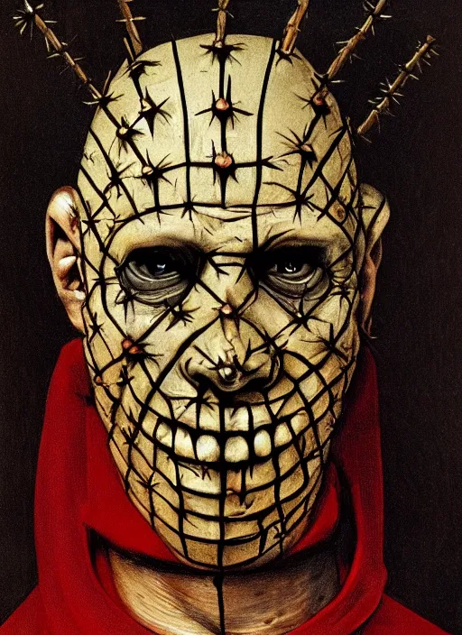 Prompt: portrait of medieval Pinhead from Hellraiser (1986) painted by hieronymus bosch, detailed digital art, trending on Artstation