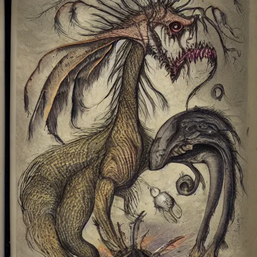 Image similar to bestiary of creatures from the depths of the unconscious psyche