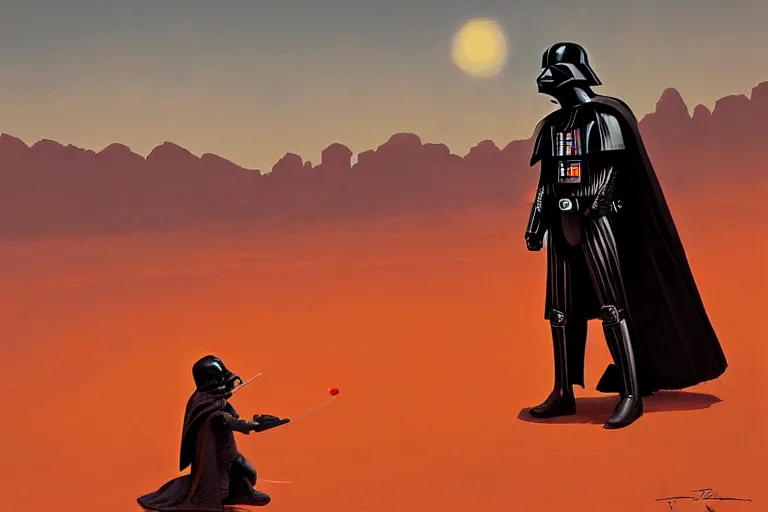 Prompt: darth vader drining juice in desert sunset, beautiful painting, greg rutkowski, james gurney, thrending on artstation.