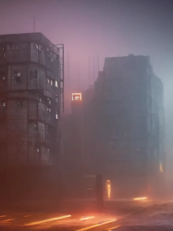 Prompt: bladerunner 2 0 4 9 fillm still of low residential building in russian suburbs, lights are on in the windows, deep night, post - soviet courtyard, cozy atmosphere, light fog, street lamps with orange light, several birches nearby, several elderly people stand at the entrance to the building