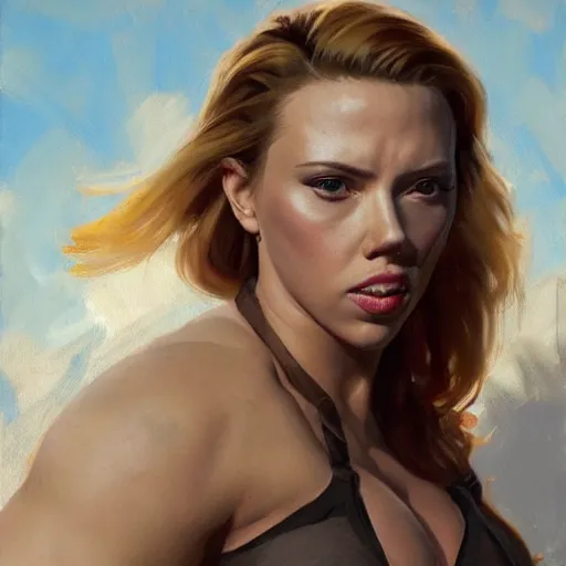 Prompt: greg manchess portrait of scarlett johansson as roided thick very muscular female bodybuilder lara croft, fantasy, medium shot, asymmetrical, profile picture, organic painting, sunny day, matte painting, bold shapes, hard edges, street art, trending on artstation, by huang guangjian and gil elvgren and sachin teng