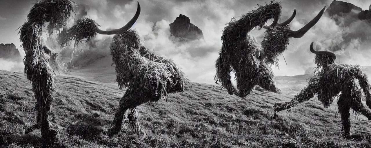 Prompt: mysterious scene of tyrolean farmer transforming into hay man monster with horns, roots and edelweiss flowers growing out of the body, 35mm double-exposure photo, deep shadows, german expressionism, dolomites in background ,noir, slightly colorful, photorealistic, detailed smoke, natural bones and skin, natural textures, depth of field, ambient occlusion, motion blur, HD, masterpiece, volumetric, chromatic aberration by Richard Avedon, style of Ade Santora, perfect composition, masterpiece, intricate detailed