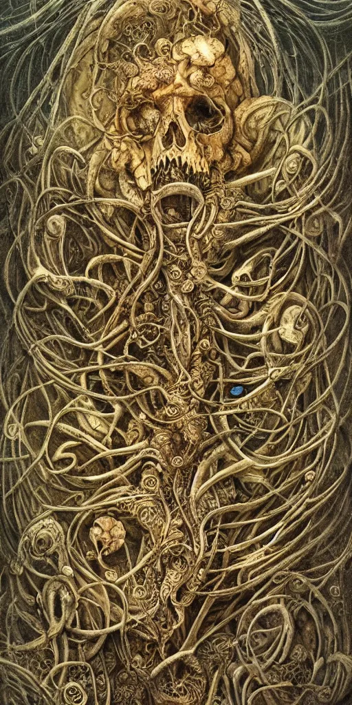 Image similar to abstract, fractal, liquid, melting, swirls, knots, weave, ink, flowers, leaves, gears, wires, bones, skulls, tentacles by hr giger and agostino arrivabene