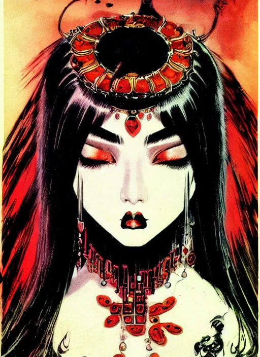 Image similar to mighty female korean vampiress, jeweled headdress, heavy mascara, strong line, saturated color, beautiful! coherent! by frank frazetta, high contrast, minimalism