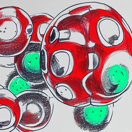 Prompt: chrome spheres on a red cube, drawn with dry-erase marker