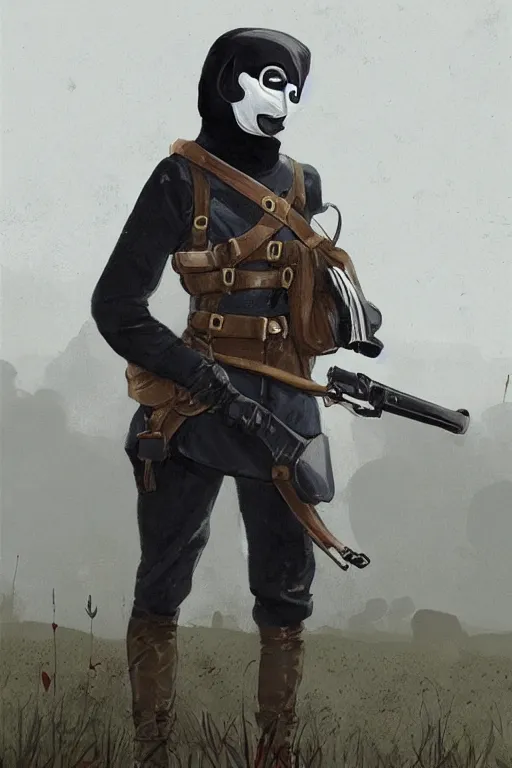 Image similar to ww 1 german female masked operative with the standard black uniform and a white porcelain crow mask, artstation, trending on artstation, establishing shot, by simon stalenhag