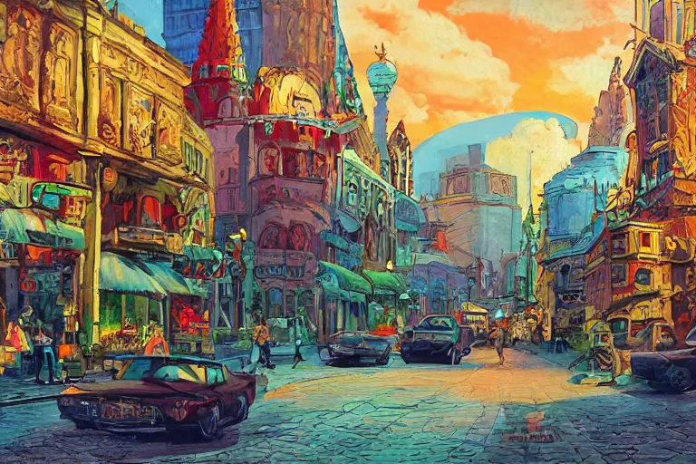 Prompt: moscow street view panoramic painting animation background art by ralph bakshi by chris sanders by disney lilo and stich