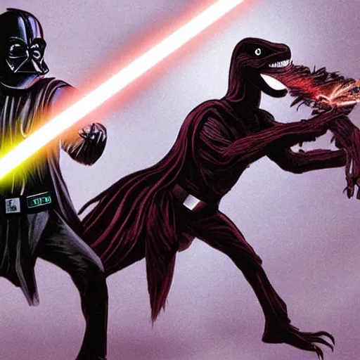 Prompt: a velociraptor with a lightsaber fights darth vader