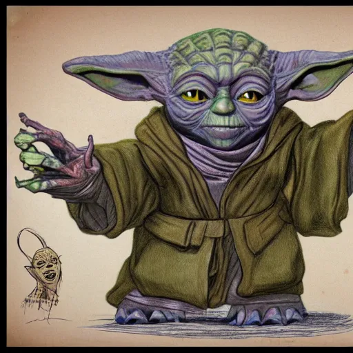 Image similar to Vintage, detailed, colored sketch of Yoda's anatomy, full body, with full descriptions, on parchment